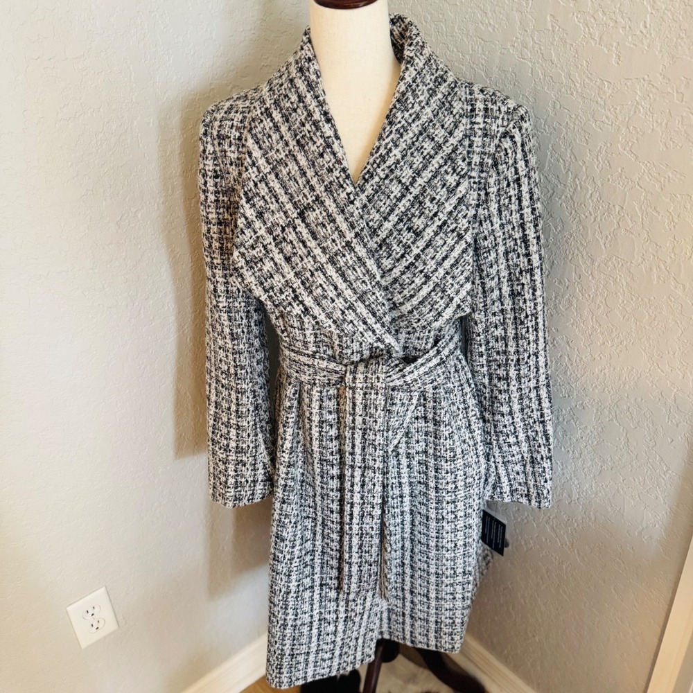 Sam Edelman Tweed Drape Lapel Wrap Coat, Natural Tweed, Black Gray Size 8, NWT - Picture 8 of 15